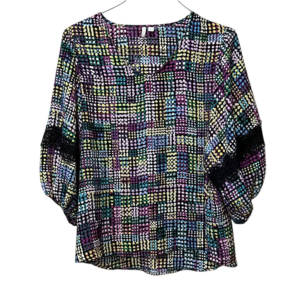 Est. 1946 Women Plus 18/20W Multi Color Dot Balloon Sleeve Lace‎ Blouse Top